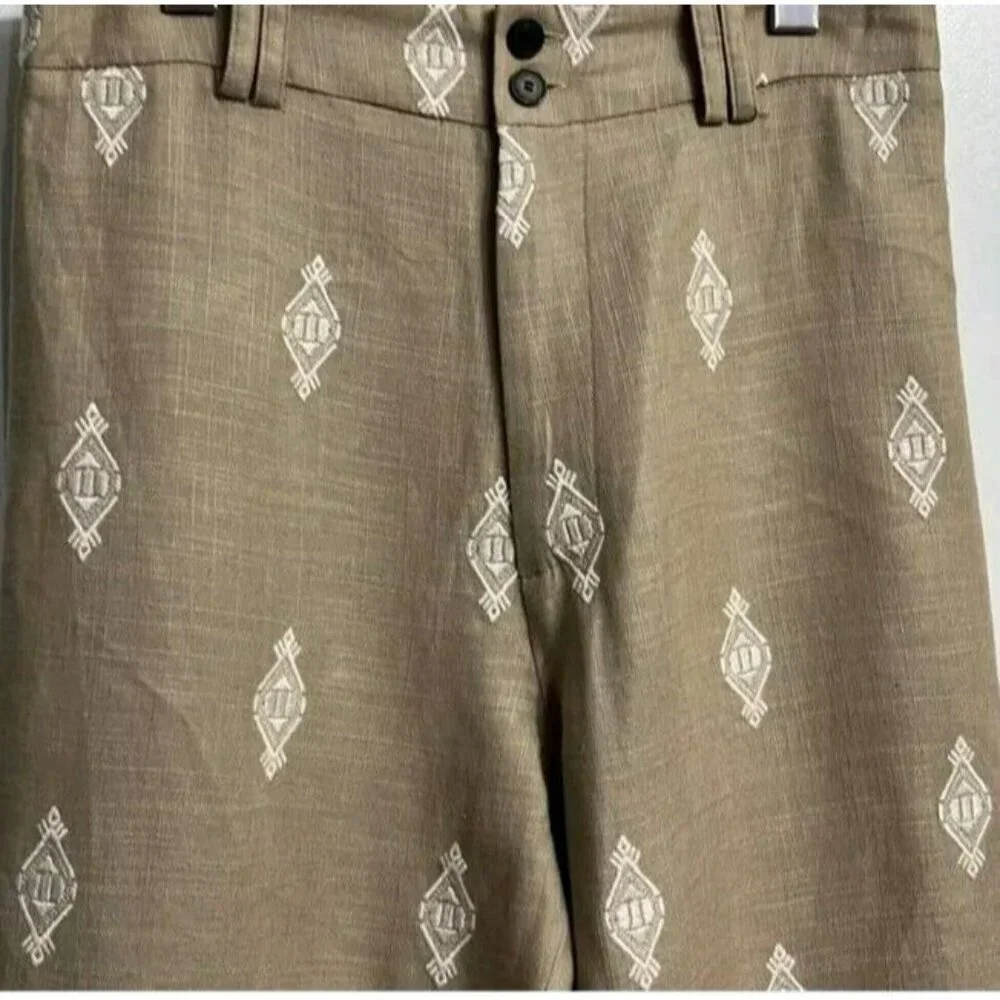 ZARA Linen Blend Embroidered Wide Leg Crop Pants Beige Blogger F 2731 047
